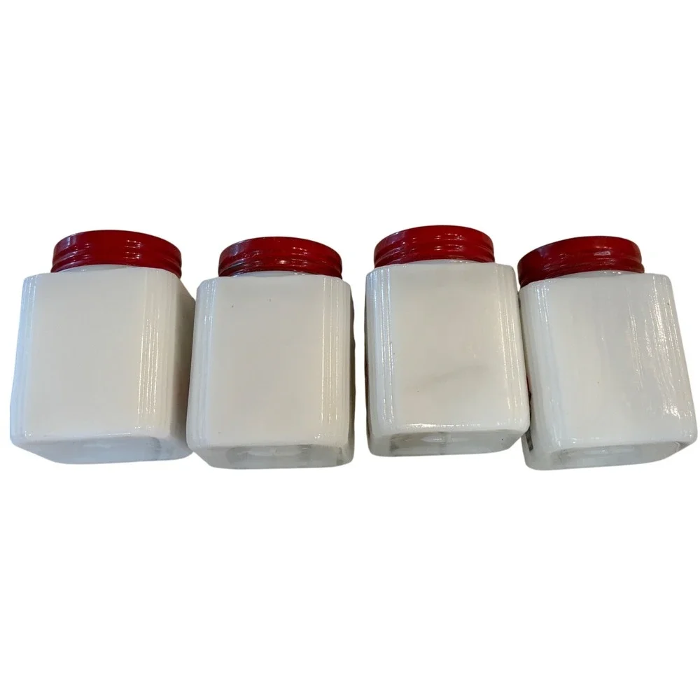 Vintage TIPP USA Milk Glass Spice Jar Set 8pc Red Lids Floral Basket Rack
